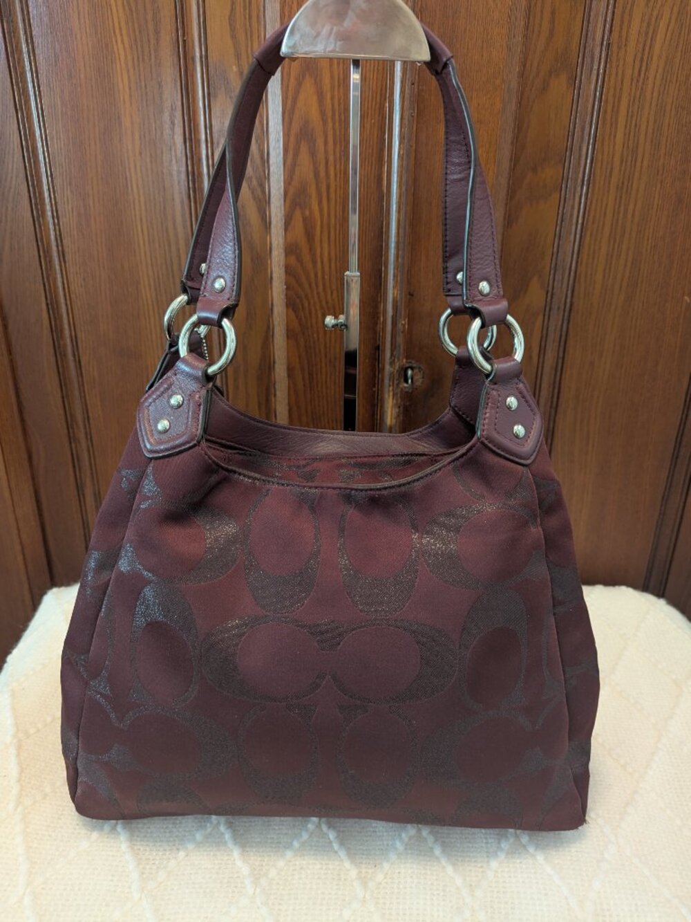 Coach Campbell F26245 Burgundy Signature Metallic Hobo Bag Burgundy - Picture 3 of 14